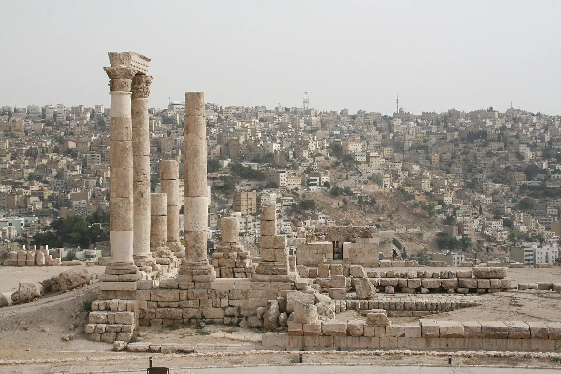 Columns of the Roman Temple of Hercules on Amman's Citadel Hill, with the city's hillside neighbourhoods behind
