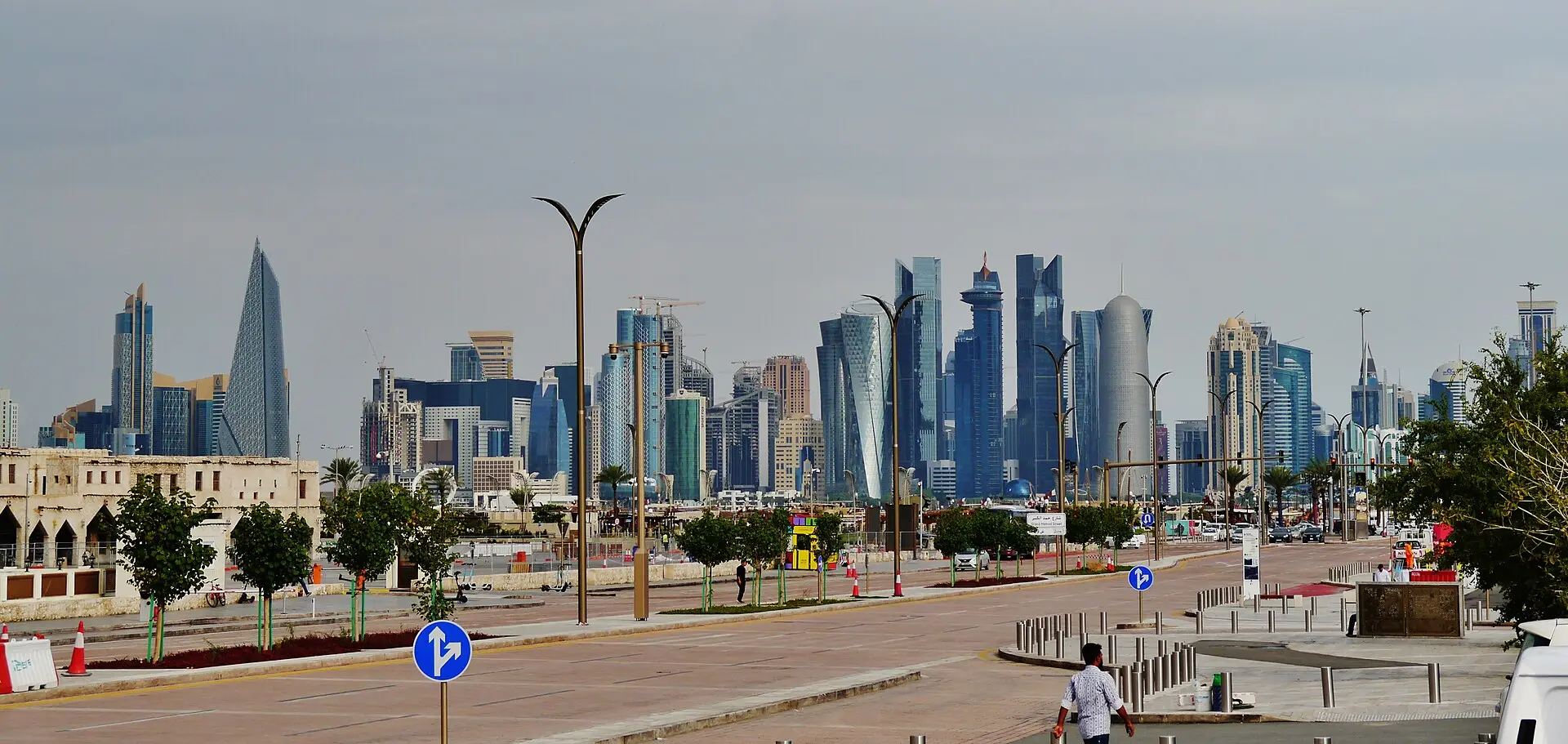 The Doha skyline at dusk, seen across the bay from the Corniche